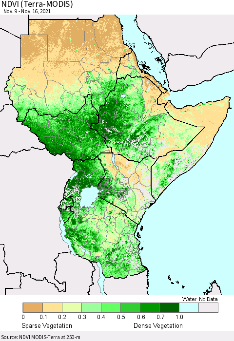 Eastern Africa NDVI (Terra-MODIS) Thematic Map For 11/9/2021 - 11/16/2021