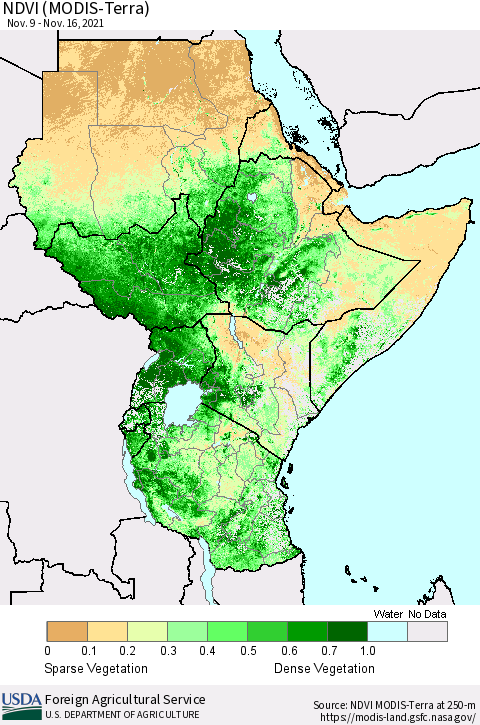 Eastern Africa NDVI (Terra-MODIS) Thematic Map For 11/11/2021 - 11/20/2021