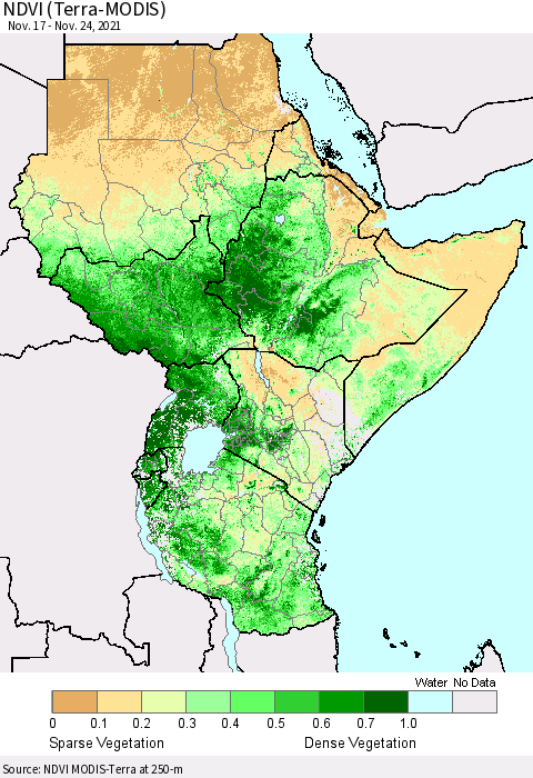 Eastern Africa NDVI (Terra-MODIS) Thematic Map For 11/17/2021 - 11/24/2021