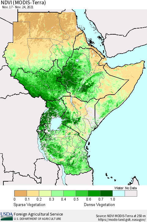 Eastern Africa NDVI (MODIS-Terra) Thematic Map For 11/21/2021 - 11/30/2021
