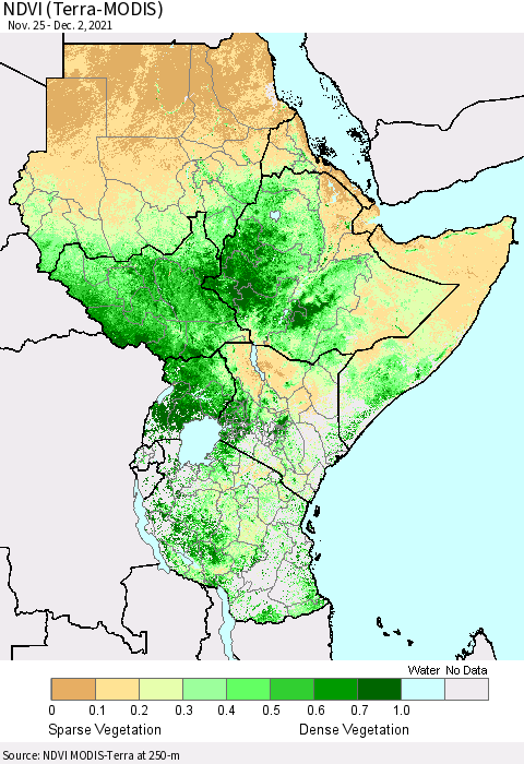 Eastern Africa NDVI (Terra-MODIS) Thematic Map For 11/25/2021 - 12/2/2021
