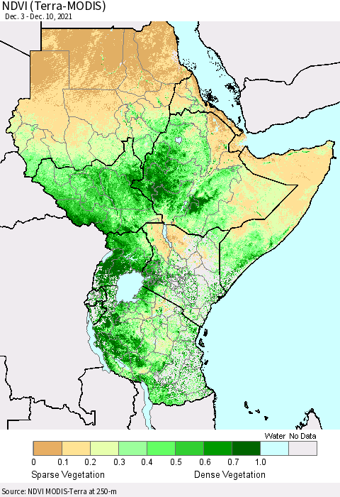 Eastern Africa NDVI (Terra-MODIS) Thematic Map For 12/1/2021 - 12/10/2021