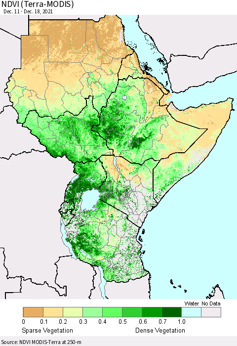 Eastern Africa NDVI (Terra-MODIS) Thematic Map For 12/11/2021 - 12/18/2021