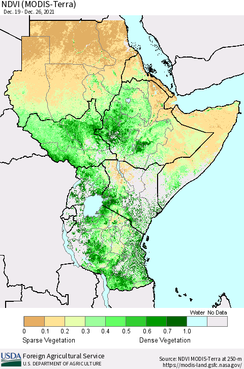 Eastern Africa NDVI (Terra-MODIS) Thematic Map For 12/21/2021 - 12/31/2021