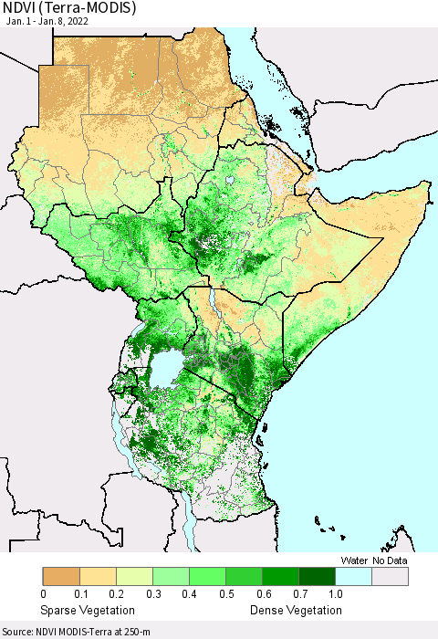 Eastern Africa NDVI (Terra-MODIS) Thematic Map For 1/1/2022 - 1/8/2022