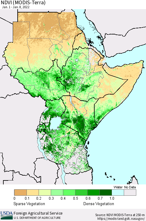 Eastern Africa NDVI (MODIS-Terra) Thematic Map For 1/1/2022 - 1/10/2022