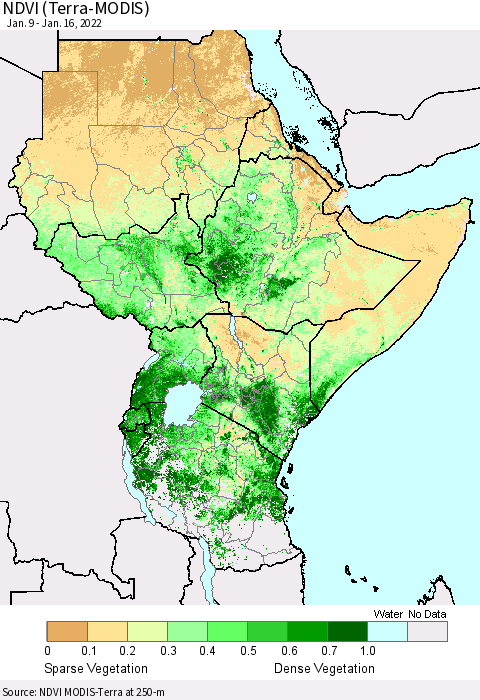 Eastern Africa NDVI (Terra-MODIS) Thematic Map For 1/9/2022 - 1/16/2022