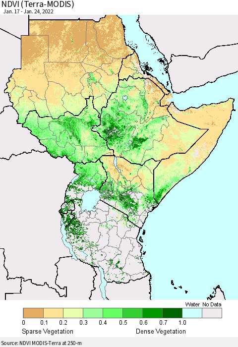 Eastern Africa NDVI (Terra-MODIS) Thematic Map For 1/17/2022 - 1/24/2022
