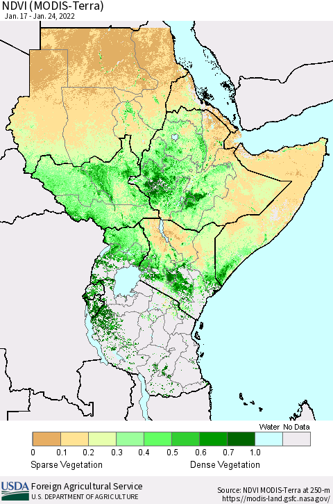 Eastern Africa NDVI (Terra-MODIS) Thematic Map For 1/21/2022 - 1/31/2022
