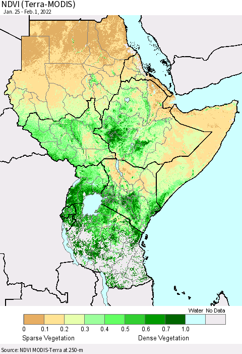 Eastern Africa NDVI (Terra-MODIS) Thematic Map For 1/25/2022 - 2/1/2022