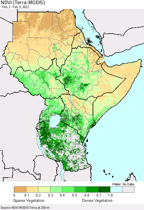Eastern Africa NDVI (Terra-MODIS) Thematic Map For 2/2/2022 - 2/9/2022