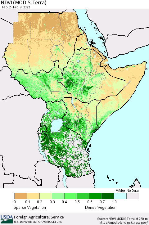 Eastern Africa NDVI (Terra-MODIS) Thematic Map For 2/1/2022 - 2/10/2022
