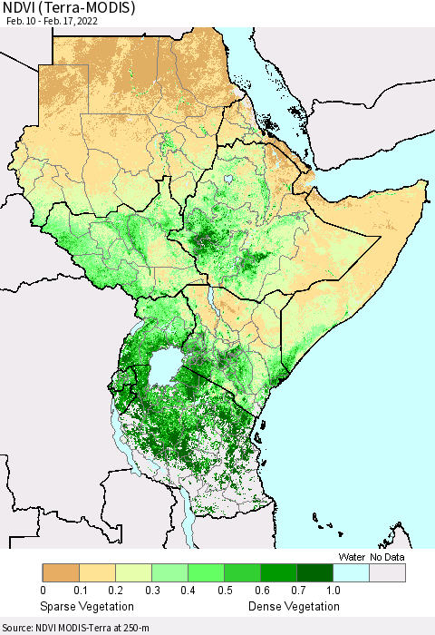 Eastern Africa NDVI (Terra-MODIS) Thematic Map For 2/10/2022 - 2/17/2022