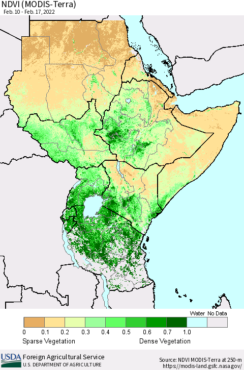 Eastern Africa NDVI (Terra-MODIS) Thematic Map For 2/11/2022 - 2/20/2022
