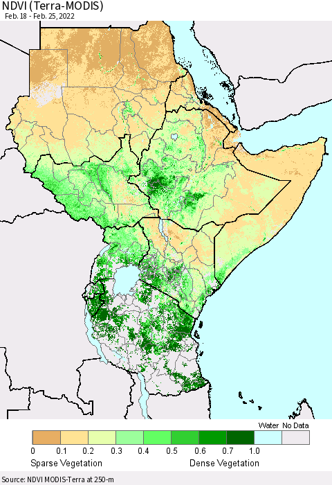 Eastern Africa NDVI (Terra-MODIS) Thematic Map For 2/18/2022 - 2/25/2022