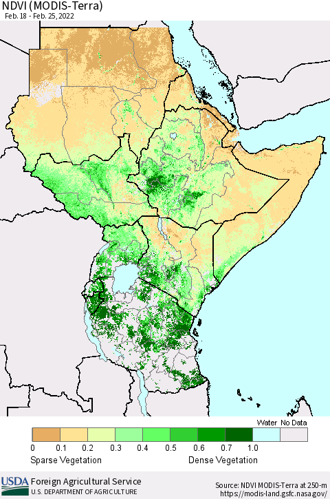 Eastern Africa NDVI (Terra-MODIS) Thematic Map For 2/21/2022 - 2/28/2022