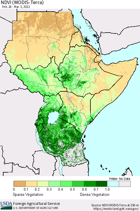 Eastern Africa NDVI (Terra-MODIS) Thematic Map For 3/1/2022 - 3/10/2022