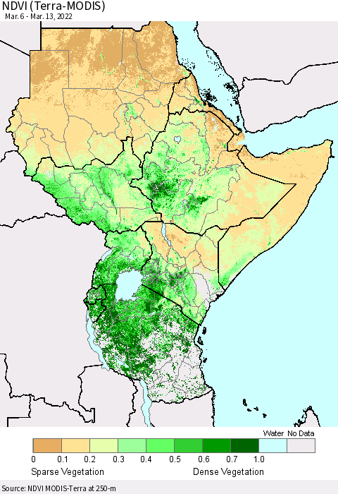 Eastern Africa NDVI (Terra-MODIS) Thematic Map For 3/6/2022 - 3/13/2022