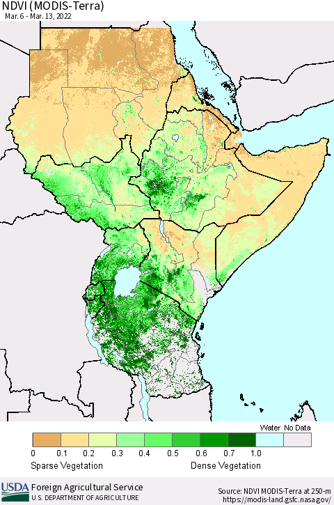 Eastern Africa NDVI (Terra-MODIS) Thematic Map For 3/11/2022 - 3/20/2022