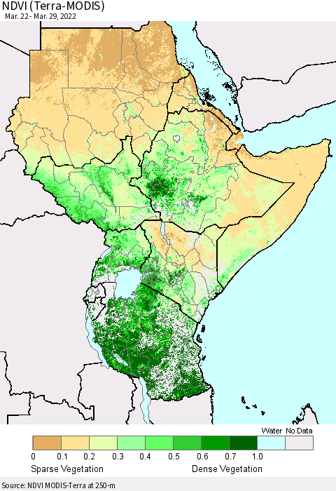 Eastern Africa NDVI (Terra-MODIS) Thematic Map For 3/22/2022 - 3/29/2022