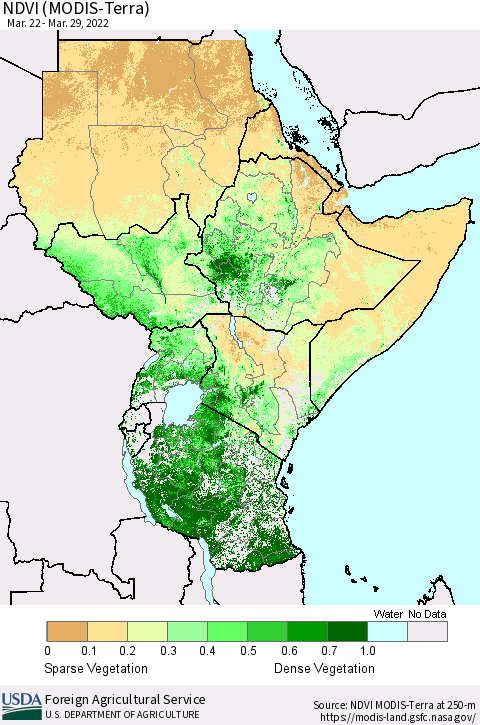 Eastern Africa NDVI (Terra-MODIS) Thematic Map For 3/21/2022 - 3/31/2022