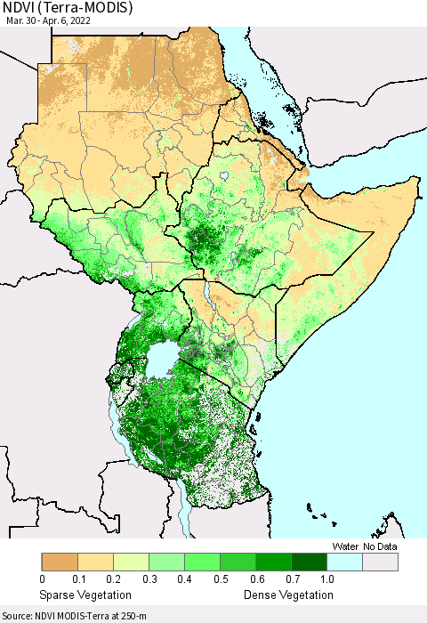 Eastern Africa NDVI (Terra-MODIS) Thematic Map For 3/30/2022 - 4/6/2022