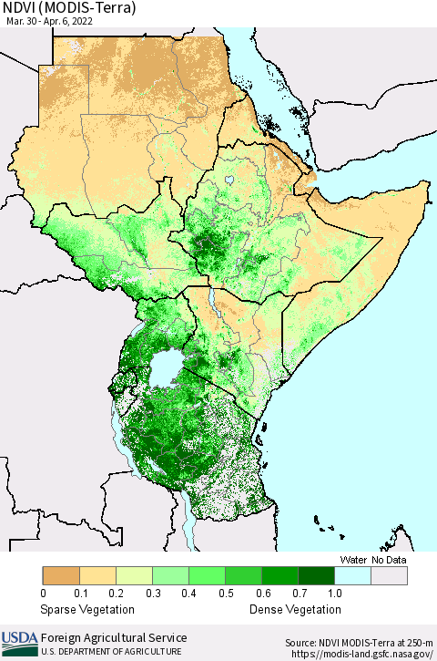 Eastern Africa NDVI (Terra-MODIS) Thematic Map For 4/1/2022 - 4/10/2022