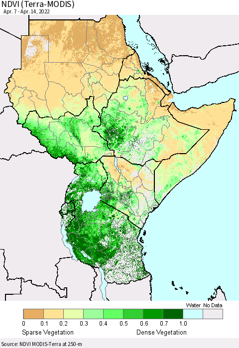 Eastern Africa NDVI (Terra-MODIS) Thematic Map For 4/7/2022 - 4/14/2022