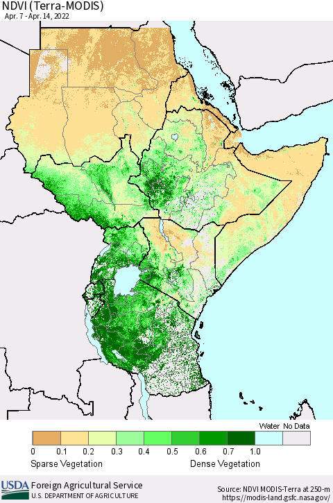 Eastern Africa NDVI (Terra-MODIS) Thematic Map For 4/11/2022 - 4/20/2022