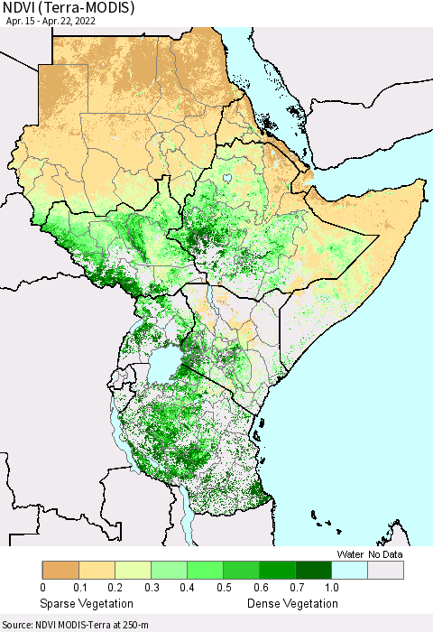 Eastern Africa NDVI (Terra-MODIS) Thematic Map For 4/15/2022 - 4/22/2022