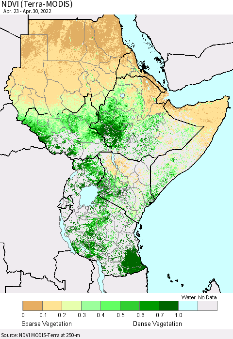 Eastern Africa NDVI (Terra-MODIS) Thematic Map For 4/21/2022 - 4/30/2022