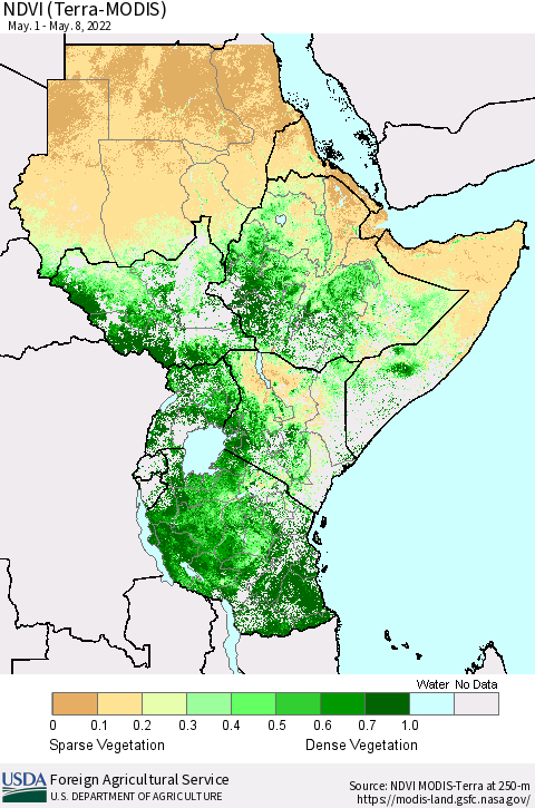 Eastern Africa NDVI (Terra-MODIS) Thematic Map For 5/1/2022 - 5/10/2022