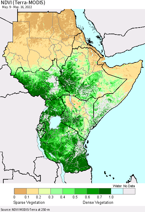 Eastern Africa NDVI (Terra-MODIS) Thematic Map For 5/9/2022 - 5/16/2022