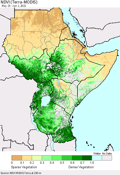 Eastern Africa NDVI (Terra-MODIS) Thematic Map For 5/25/2022 - 6/1/2022