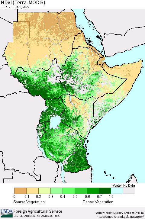 Eastern Africa NDVI (Terra-MODIS) Thematic Map For 6/1/2022 - 6/10/2022