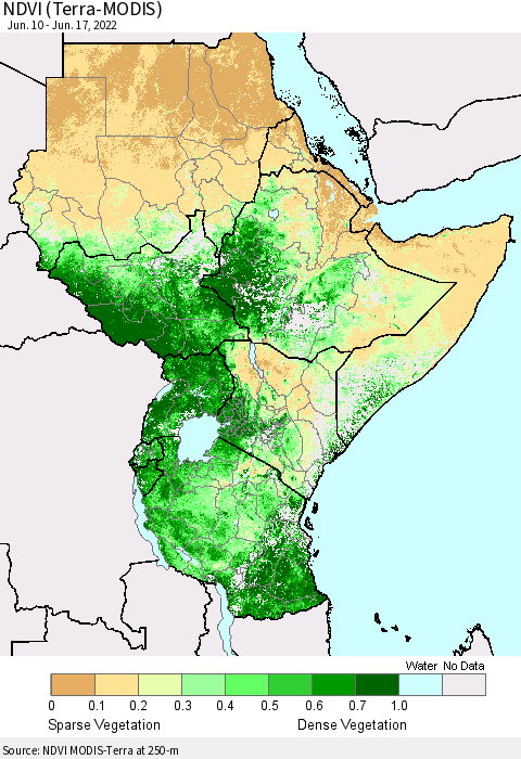 Eastern Africa NDVI (Terra-MODIS) Thematic Map For 6/10/2022 - 6/17/2022