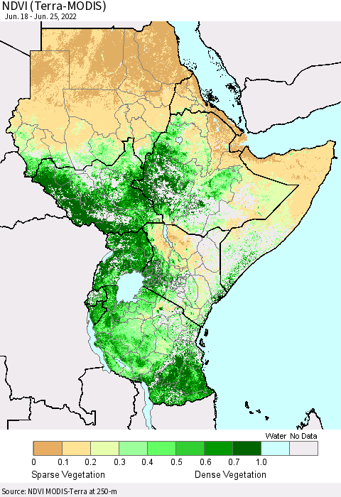 Eastern Africa NDVI (Terra-MODIS) Thematic Map For 6/18/2022 - 6/25/2022