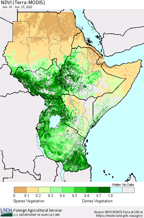 Eastern Africa NDVI (Terra-MODIS) Thematic Map For 6/21/2022 - 6/30/2022