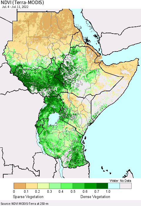 Eastern Africa NDVI (Terra-MODIS) Thematic Map For 7/4/2022 - 7/11/2022