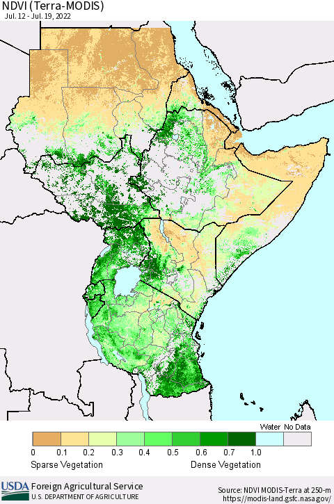 Eastern Africa NDVI (Terra-MODIS) Thematic Map For 7/11/2022 - 7/20/2022