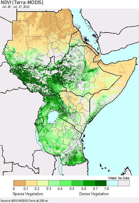 Eastern Africa NDVI (Terra-MODIS) Thematic Map For 7/20/2022 - 7/27/2022