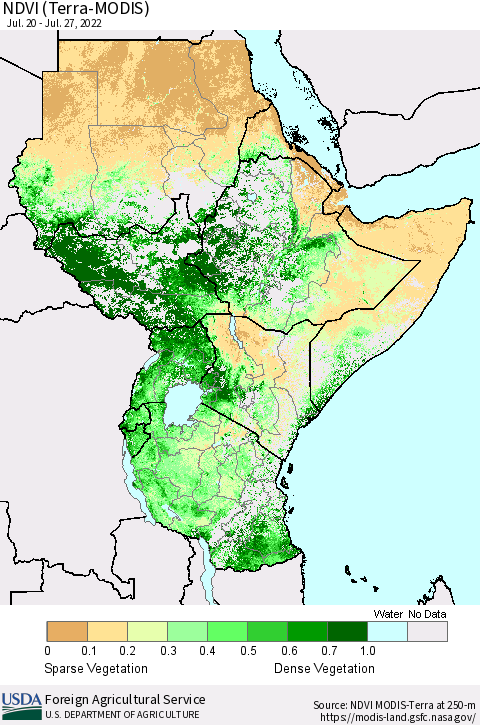 Eastern Africa NDVI (Terra-MODIS) Thematic Map For 7/21/2022 - 7/31/2022