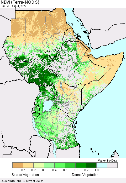 Eastern Africa NDVI (Terra-MODIS) Thematic Map For 7/28/2022 - 8/4/2022