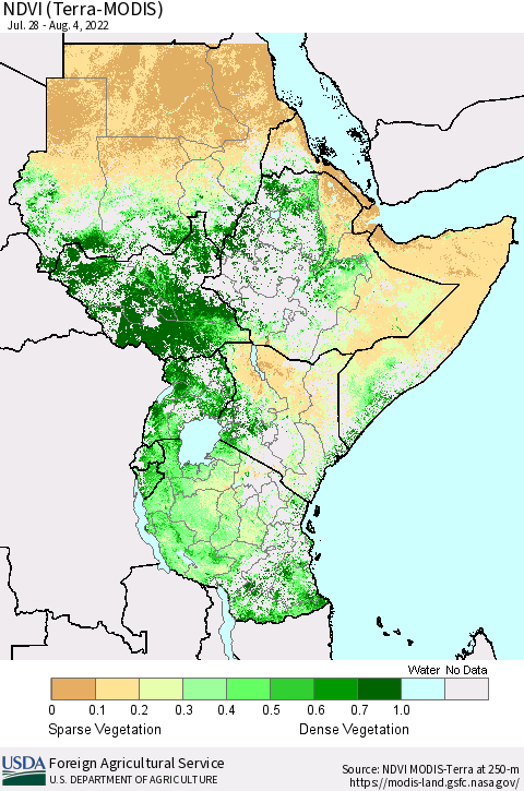 Eastern Africa NDVI (Terra-MODIS) Thematic Map For 8/1/2022 - 8/10/2022