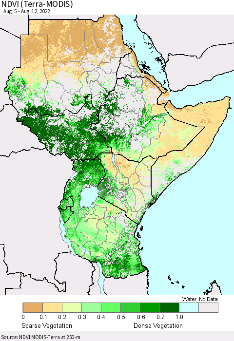 Eastern Africa NDVI (Terra-MODIS) Thematic Map For 8/5/2022 - 8/12/2022