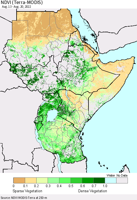 Eastern Africa NDVI (Terra-MODIS) Thematic Map For 8/11/2022 - 8/20/2022