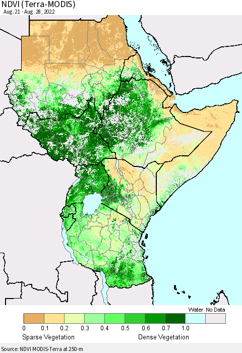 Eastern Africa NDVI (Terra-MODIS) Thematic Map For 8/21/2022 - 8/28/2022