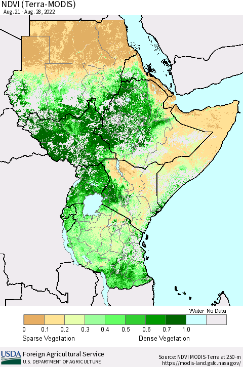 Eastern Africa NDVI (Terra-MODIS) Thematic Map For 8/21/2022 - 8/31/2022
