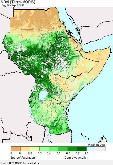 Eastern Africa NDVI (Terra-MODIS) Thematic Map For 8/29/2022 - 9/5/2022