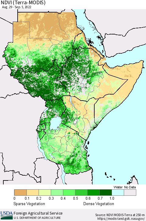 Eastern Africa NDVI (Terra-MODIS) Thematic Map For 9/1/2022 - 9/10/2022
